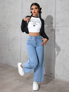 SHEIN PETITE 女士高腰口袋阔腿宽松休闲百搭牛仔裤 - 中等水洗藍 - 查看 5