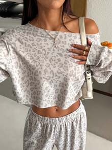 SHEIN EZwear Women's Leopard Print Oblique Shoulder Knit Sweatshirt - Grey - View 1
