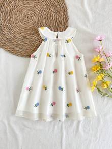 SHEIN Vintaside Kids 女婴无袖刺绣花卉连衣裙，甜美风格，优雅公主造型，适合节日和聚会 - 白色 - 查看 2