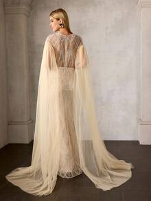 MOTF PREMIUM ELEGANT ULTRA-LONG TULLE SLEEVE ROUND NECK FLOOR-LENGTH MERMAID EVENING GOWN – SHEER FRONT & BACK DESIGN DRESS WITH SPARKLY BEADED FABRIC ACCENTS, FITTED SILHOUETTE FOR WEDDINGS, GALAS & SPECIAL OCCASIONS FOR WOMEN - Champagne - View 5