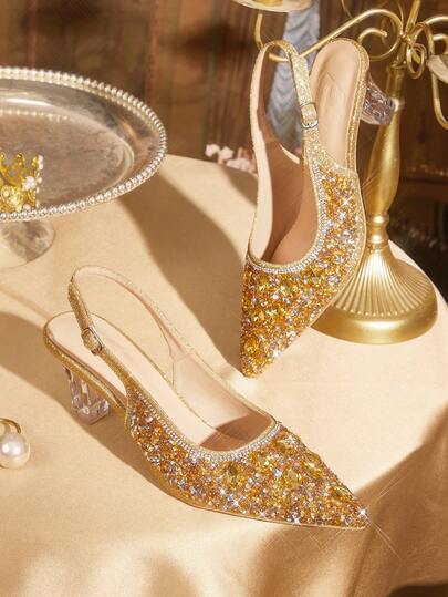 CUCCOO TILAWA Women's Fashionable Elegant Crystal Asymmetric Heel Glitter Rhinestone Decor Pointed Toe Silver High Heels, Suitable For Banquet, Party And Other Occasions