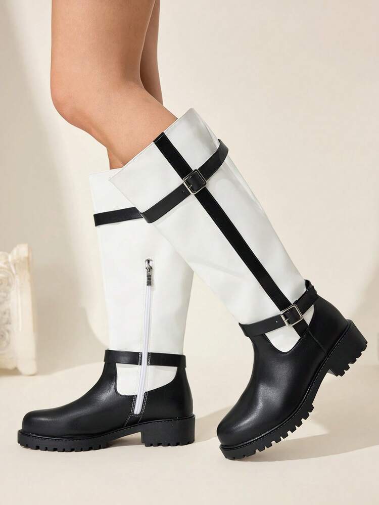 CUCCOO CHICEST Women's Contrast Color Buckle Design Casual High-Top Boots For Daily Wear Valentine's Day