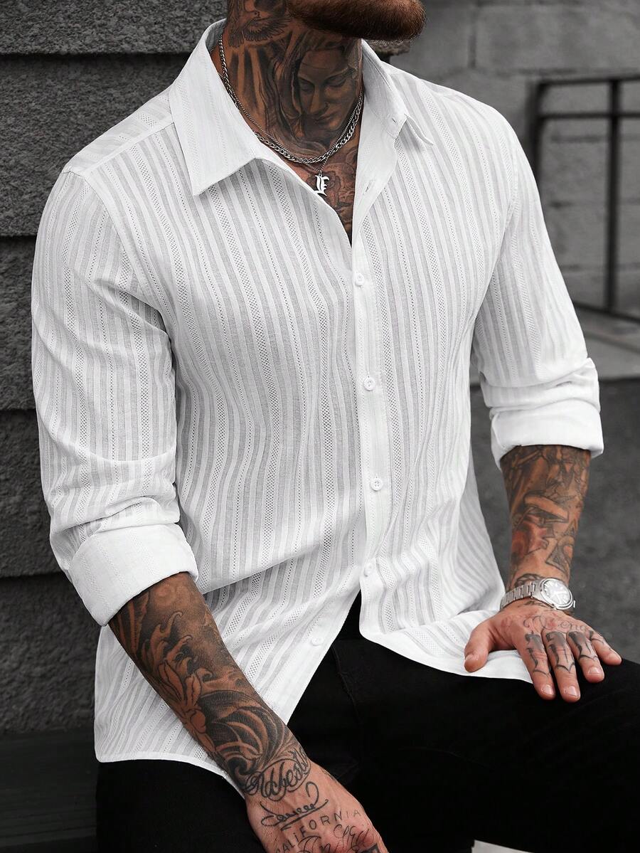 SLATEMANN Camisa casual de manga larga con botones delanteros de unicolor para hombre - Blanco - Ver 1