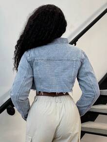Alexandranx Jaket Denim Pendek Kasual Wanita dengan Tampilan Sobek, Musim Semi/Musim Gugur - Light Wash - View 2
