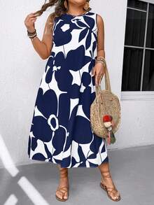 EMERY ROSE Đầm cỡ lớn dáng rộng, không tay, thanh lịch, in họa tiết toàn thân. - Màu xanh hải quân - Xem 3