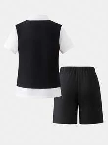 3pcs Boys'black And White Summer Fashion Suit,Elegant Wedding Guest Soft Shirt,Vest & Shorts Set For Banquet,Piano Performance,Birthday & Graduation - Black - View 2
