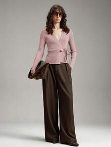 Ontre Women's Casual Knitted Ribbed Tie-Front Cardigan, Versatile For Daily, Commuting, Business, Party, Dating, Elegant Summer Top - Pink - View 2