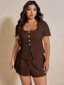 Elaquor Plus Size Women Summer Casual Daily Office Commute Simple Solid Color Square Neck Single-Breasted Fitted Blouse And Shorts 2 Pieces Set - Coffee Brown - View 2