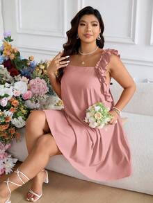 SHEIN Frenchy Plus Size Summer Elegant Ruffle Patchwork Women Dress, Suitable For Beach Vacation, Wedding Season, Date, Dresses, Spring Clothing - Dusty Pink - View 6
