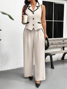 SHEIN Frenchy Bộ vest và quần không tay phối màu tương phản dành cho nữ cỡ lớn - Nhiều màu - Xem 6