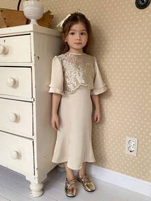 DAZY Young Girls Round Neck Lace Patchwork 2 In 1 Dress Summer - Apricot - View 6