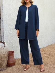 EMERY ROSE 2件套女士休闲纯色前扣长袖上衣和裤子套装，秋季 - 藍色 - 查看 2