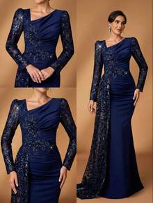 Serin 不对称领口泡泡袖花卉刺绣优雅新娘母亲礼服 - 淡紫色 - 查看 1