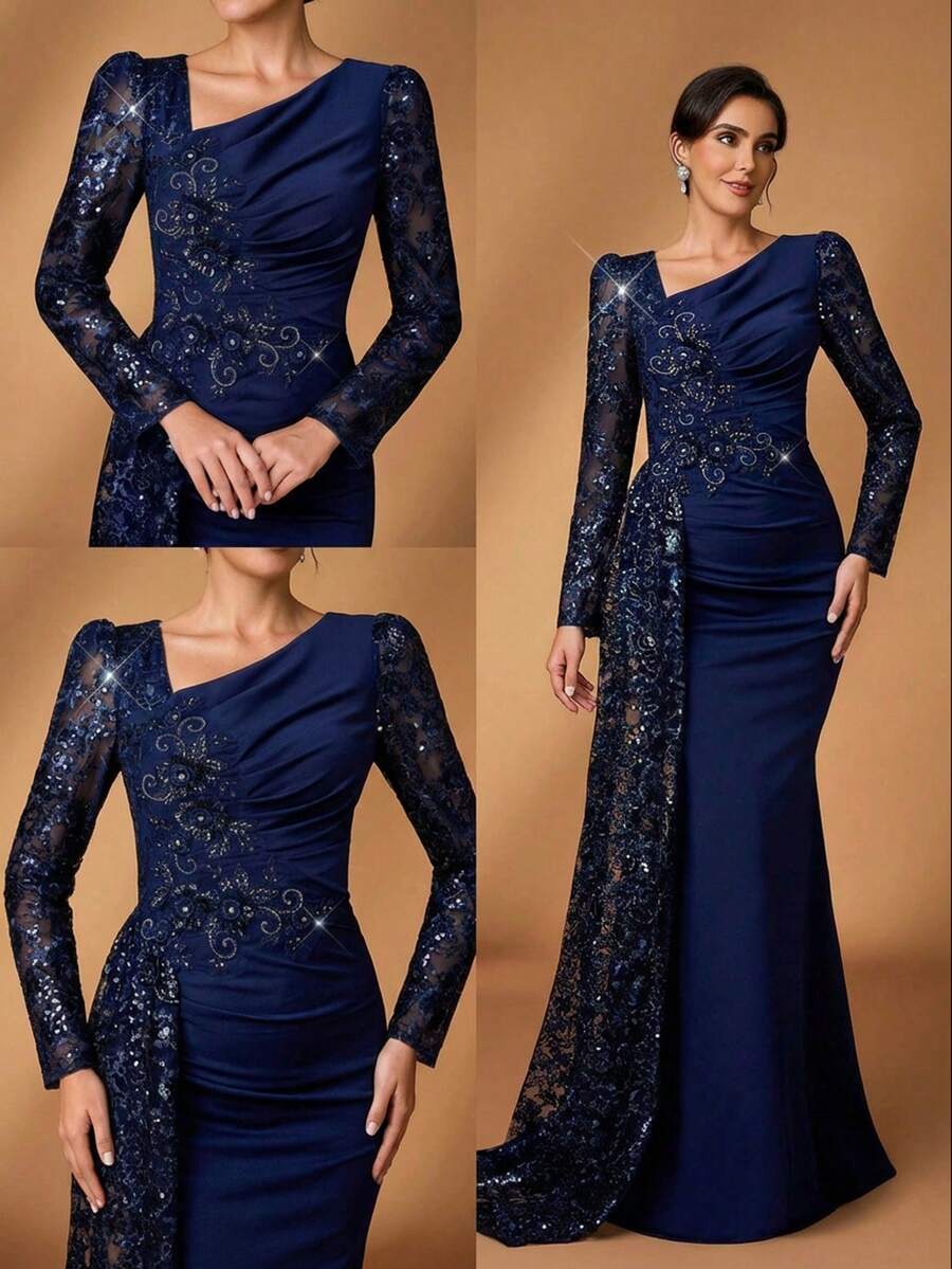 Serin 不对称领口泡泡袖花卉刺绣优雅新娘母亲礼服 - 淡紫色 - 查看 1