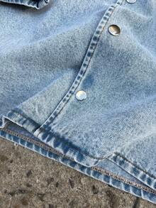 SHEIN 青少年男童时尚休闲 Y2K 复古酷炫街头基础款简约立体印花蓝色短袖牛仔宽松上衣，适合儿童日常穿着，也适合春夏派对、节日和街头服饰。