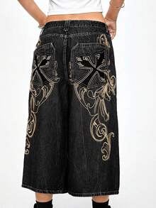 ROMWE Grunge Punk Celana Jeans Crop Top Gaya Jalanan Vintage Berpinggang Rendah dengan Bordir Silang Vintage Motif Cetak Musim Semi/Panas - Hitam - View 4