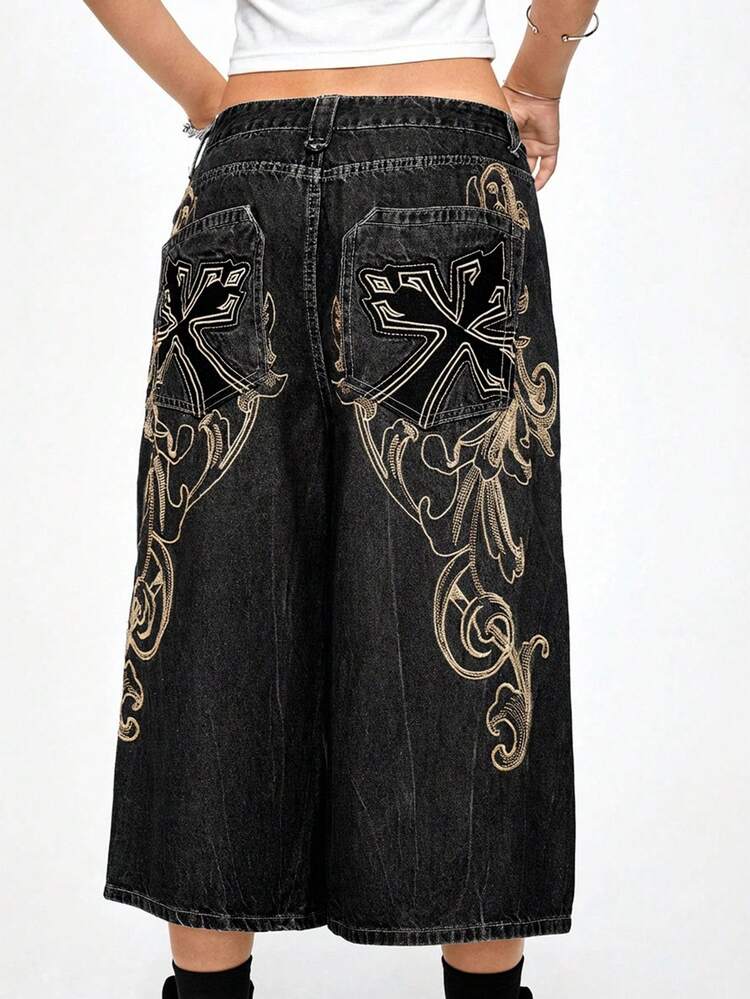 ROMWE Grunge Punk Denim cropped de cintura baixa, estilo de rua oversized, bordado vintage de vinha cruzada, caimento solto - Preto - Visão 4