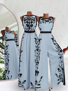 SHEIN Clasi Bộ áo liền quần nữ thanh lịch hở lưng, dáng rộng, phối màu nổi bật. - Màu xanh lam - Xem 2