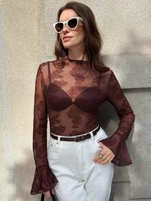 Solivie 女士时尚性感蕾丝喇叭袖衬衫 - 棕色 - 查看 4