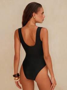 Swim Chiccia Women's New Arrival Solid Black Deep V-Neck Starfish Accent Sexy One-Piece Swimsuit - Black - View 2