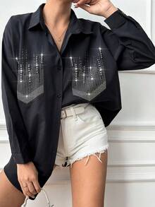 EURMUSE Long Studded & Rhinestone & Hot Drilling Detailed Drop Shoulder Shirt - Black - View 5