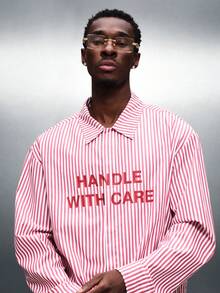 PLAYBOY X SUMWON Retro Logo Striped Long Sleeve Button Down Shirt With Character Print And Collegiate Style Text Design - Red and White - View 4