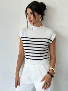 Firerie Women's Elegant Casual High Neck Loose Casual Versatile Sleeveless Striped Knit Tank Top, Suitable For Carnival,Party, Outings,Summer Outfits,Spring Outfit, Autumn/Winter/Spring/Summer Campus Wear,Daily - Black and White - View 4