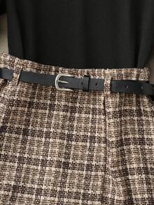 SHEIN PETITE Stylish, Simple, And Elegant Women's Autumn Outfit: A Black Knitted Slim-Fit Base Layer Top Paired With French Retro Plaid Fitted Skirt-Pants And A Black Belt. This Two-Piece Set Is Suitable For Petite Women And Includes A Black Top, Black Base Layer Shirt, Black T-Shirt, And Black Long-Sleeved Plaid Skirt-Pants. - Multicolor - View 4