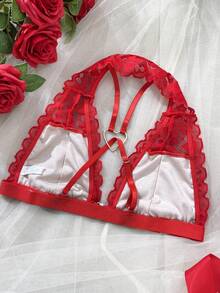 SHEIN Valentine's Day Backless Front Closure Halter Lace Bralette - Red - View 2