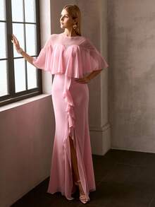 MOTF PREMIUM Váy dạ hội dài chấm đất bằng vải chiffon cổ tròn tay lửng thanh lịch dành cho nữ - Váy viền xếp nếp hình nàng tiên cá với chi tiết xẻ tà và lưng trong suốt, lý tưởng cho tiệc cưới, sinh nhật và tiệc cocktail, phong cách với hoa tai xinh xắn và giày cao gót quai mảnh - Hồng - Xem 6