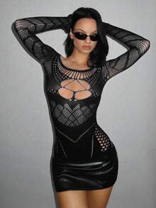 EgrlEra Sexy Sheer Long Sleeve Mesh Y2K Top Gothic - Black - View 3