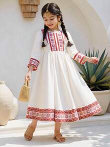 Trang phục truyền thống Ả Rập cho bé gái tuổi teen, váy tay loe in họa tiết hình học cổ điển kiểu Trung Đông, váy dài Ả Rập, áo Abaya tay dài cho bé gái Hồi giáo. - Màu be - Xem 6
