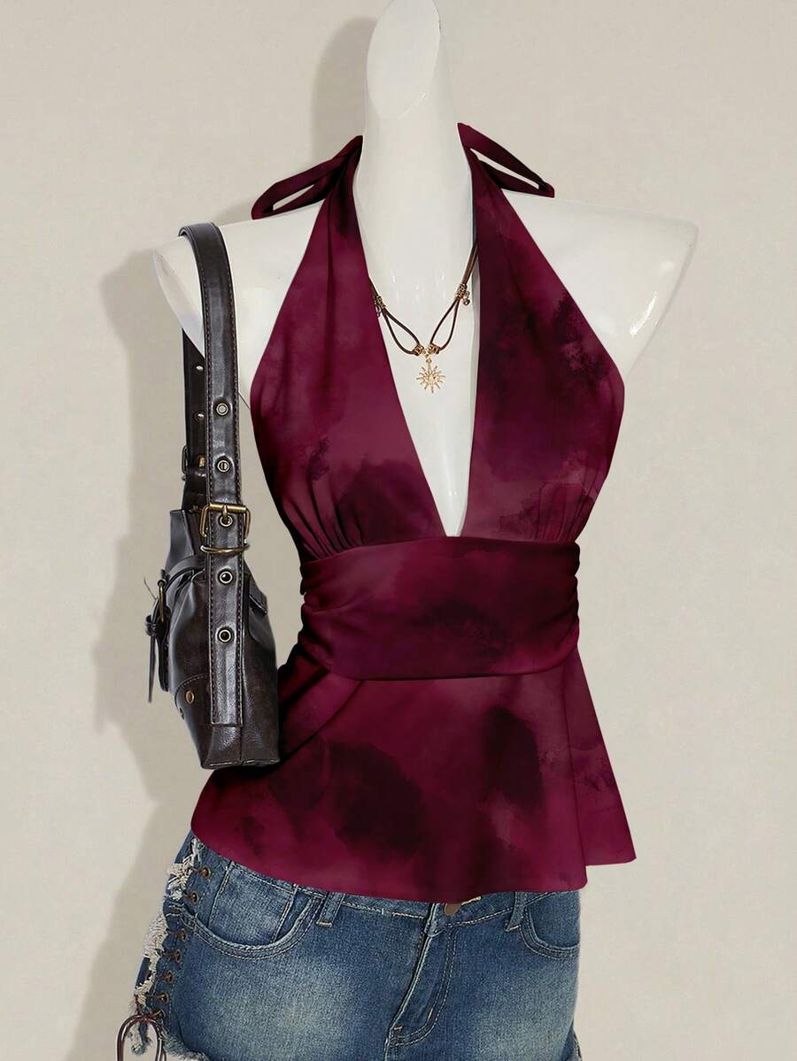 SHEIN ICON 女士休闲露背吊带紧身背心，适合夏季穿着，扎染印花，安哥拉红，露背设计