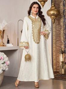 Al Najma Plus Size  Style Women's Elegant Beaded Decor Simple Fashion Arabic Dress - Apricot - View 4