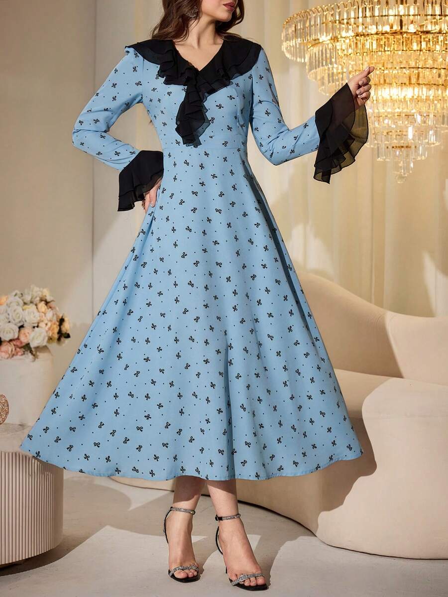 Modelyn Women's Elegant Polka Dot & Bow Print Color Block Ruffle Trim Waist Dress, Spring/Autumn - Blue - View 1