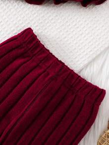 SHEIN Baby Girls Casual Everyday Elegant Minimalist Comfortable Long Sleeve Ruffle Top And Pants Set With Belt, Autumn/Winter - Burgundy - View 9