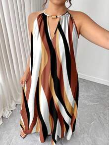 SHEIN Tall CURVE 永不过时的古怪优雅系列（忧郁气质）（周三美学）大码女式梭织休闲露背宽松彩色条纹数码印花连衣裙 - 彩色 - 查看 8