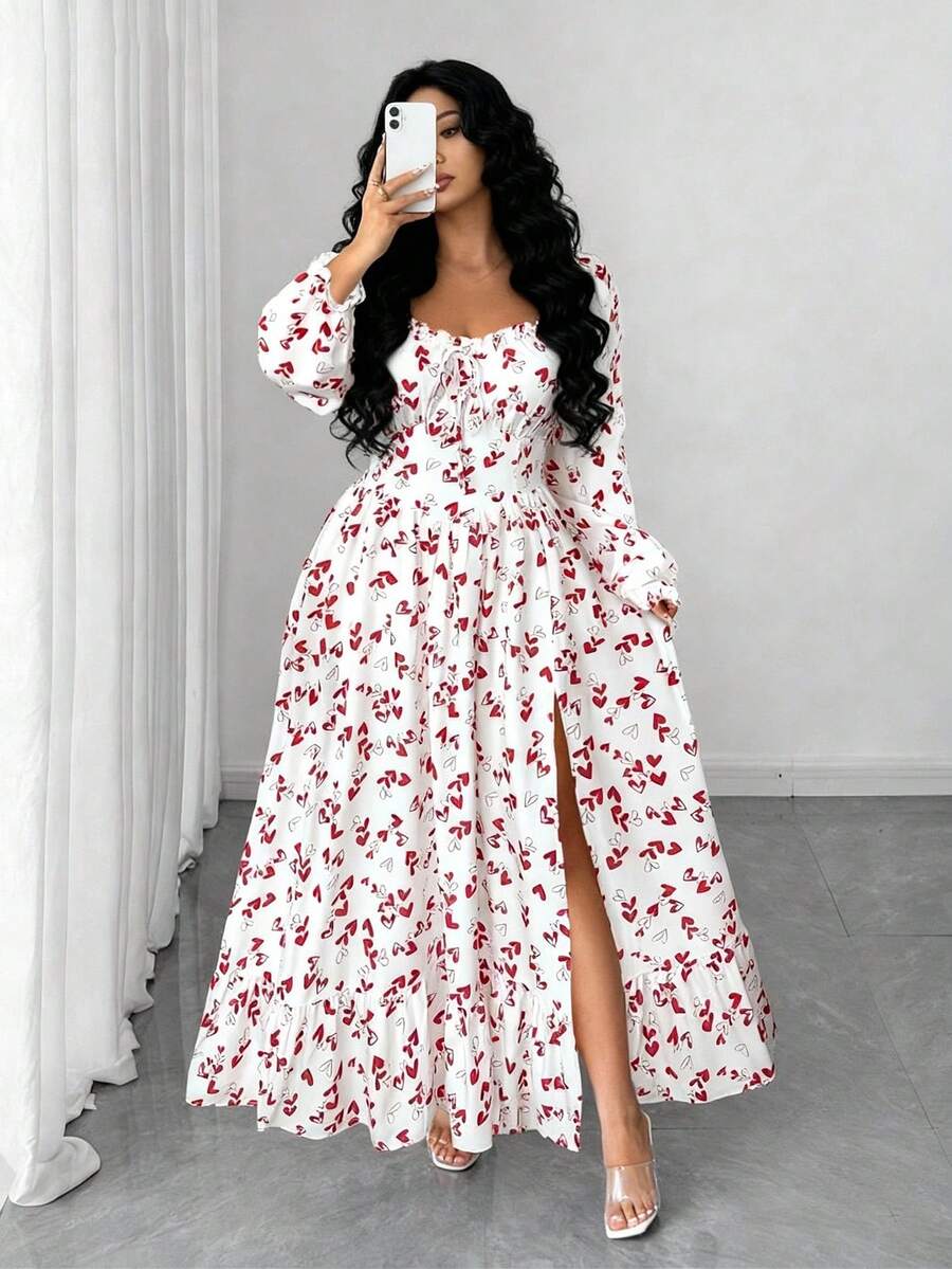SHEIN Clasi 大码女士优雅法式时尚个性随机爱心印花荷叶边长袖修身连衣裙，适合日常穿着、外出、通勤、度假、约会、情人节、新年等场合。 - 彩色 - 查看 1