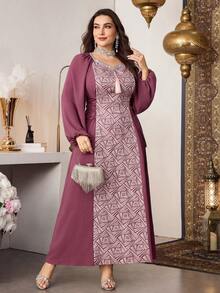 Al Najma Đầm kiểu Ả Rập tay phồng, thắt eo bằng vải jacquard ghép mảnh dành cho nữ cỡ lớn, thích hợp cho mùa xuân. - Bụi hồng - Xem 3