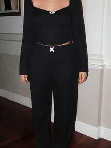 Turnttoni 女士蕾丝边长袖上衣和长裤睡衣套装，舒适优雅的细节，秋季服装 - 黑色 - 查看 3