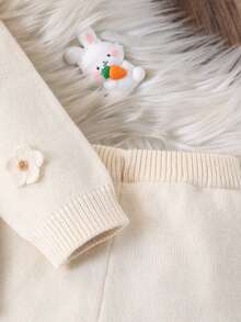 SHEIN Vintaside Kids Dziewczynki stylowy, uroczy, kwiatowy sweter z długim rękawem, kardigan i dzianinowe długie spodnie - Morela - Zobacz 5