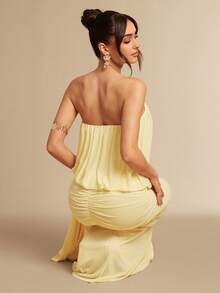 Silquee Elegant Pale Yellow Summer Vacation Dress,Strapless Pleated Side-Slit Loose-Fitting Mesh Gown,Sophisticated Abaya For Women Wedding Social Events - Yellow - View 6