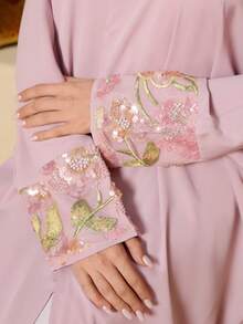 Yasmyna Women's Sequin Floral Embroidery Cuff Loose Elegant Arabic Abaya Robe