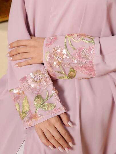 Yasmyna Women's Sequin Floral Embroidery Cuff Loose Elegant Arabic Abaya Robe