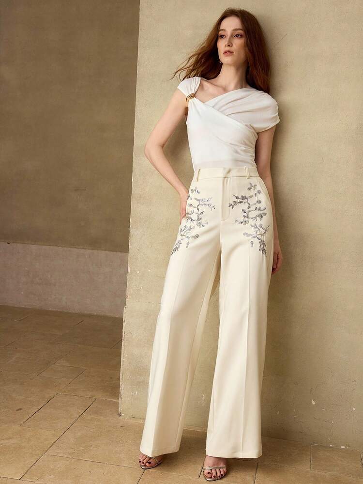 WOMEN'S EMBROIDERED DRAPE EFFECT SUIT PANTS