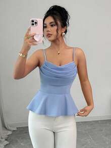 SHEIN PETITE 无袖荷叶领收腰优雅浪漫女士背心 - 霧霾藍 - 查看 4