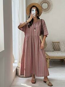 Vivie Lora Rochie lungă de vacanță pentru femei, cu dungi verticale, colorate, cu guler rotund, casual, versatilă - Multicolor - Vizualizare 6