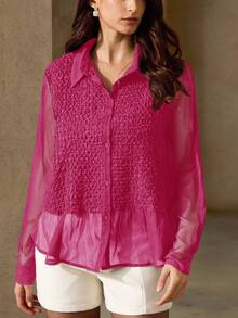 Revavyn 女士复古法式褶皱拼接衬衫，独特设计，轻薄透气，翻领纽扣长袖衬衫，春夏款 - 玫紅色 - 查看 5