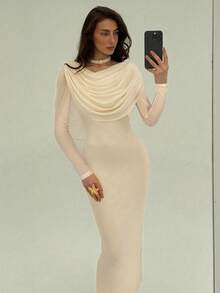 Aloruh 女士纯色褶皱长袖修身优雅连衣裙 - 杏色 - 查看 6