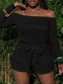 Slaydiva 春夏新款休闲度假单肩长袖插肩袖宽松上身修身短裤腰带橙色竖条纹针织面料女士紧身连体裤 - 黑色 - 查看 4